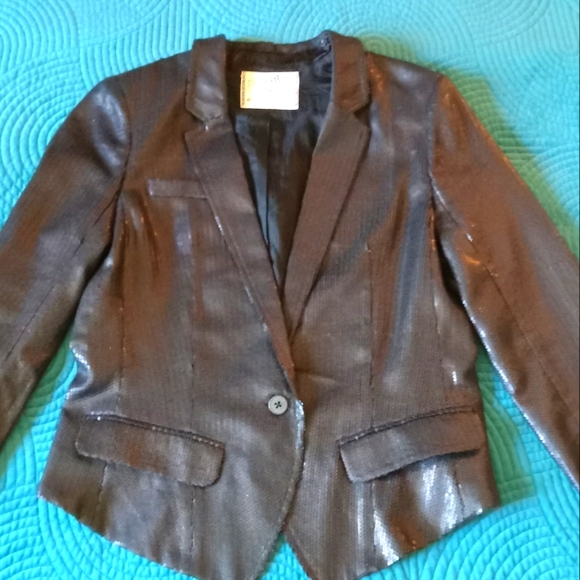 Free People Black Sequin Blazer Jacket Sz 6 - Picture 3 of 7